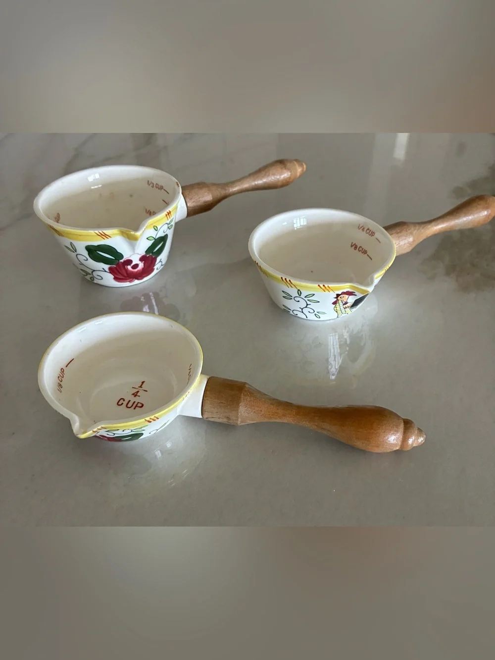 Vintage Hand-Painted Ceramic Measuring Cups with Wood Handles - Set of 3